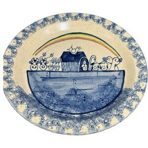 Vintage Noah's Ark Art Pottery Stoneware Pie Plate 10" Artist Signed Sponge Blue